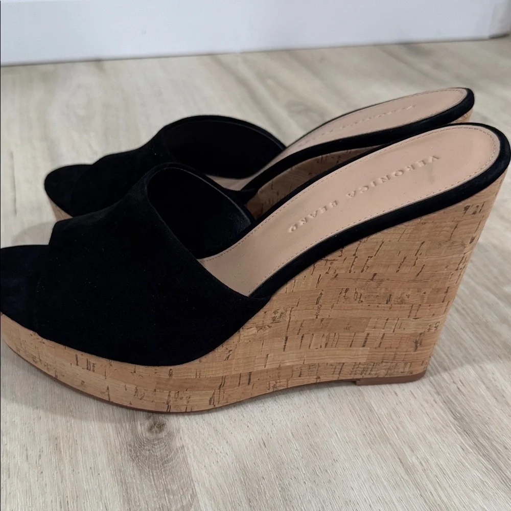 Veronica Beard Dali Slip on Platform black and cork wedge sandal